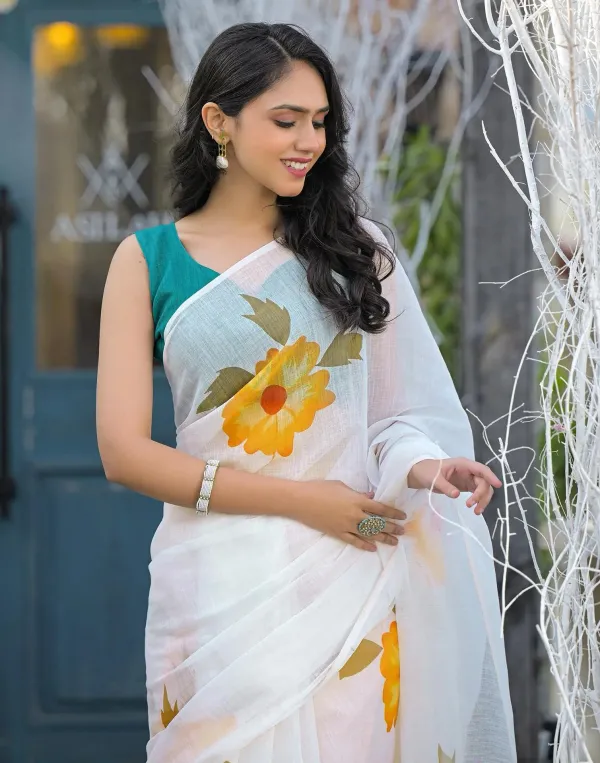 Off_White_Linen_Yellow_Floral_Printed_Saree