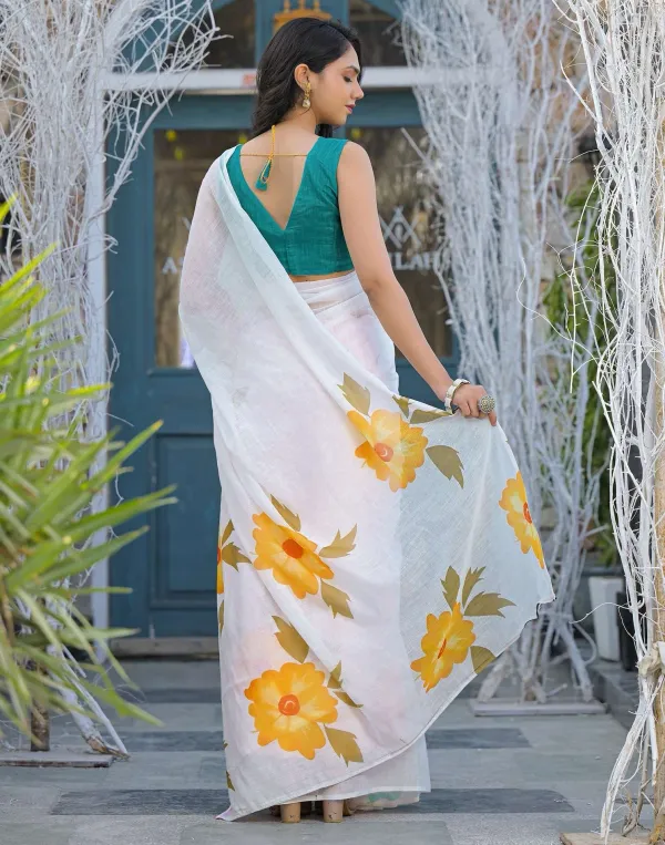 Off_White_Linen_Yellow_Floral_Printed_Saree