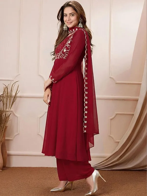 Red_Georgette_Embroidered_Flared_Anarkali_Kurti_With_Pants_Dupatta_Set_Veronica_Fashion_Hub