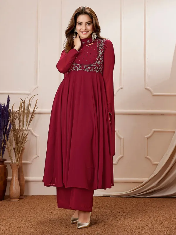 Red_Georgette_Embroidered_Flared_Anarkali_Kurti_With_Pants_Dupatta_Set_Veronica_Fashion_Hub