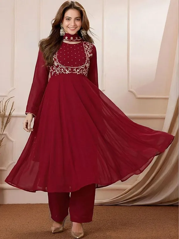 Red_Georgette_Embroidered_Flared_Anarkali_Kurti_With_Pants_Dupatta_Set_Veronica_Fashion_Hub