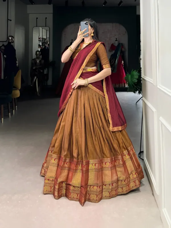Narayan_Pattu_Lehenga_And_Dupatta_Purple_Teal_Blue_Silk_Blend_Set_With_A_Red_Gold_Zari_Border_Not_An_Off_White_Purple_Checks_Set