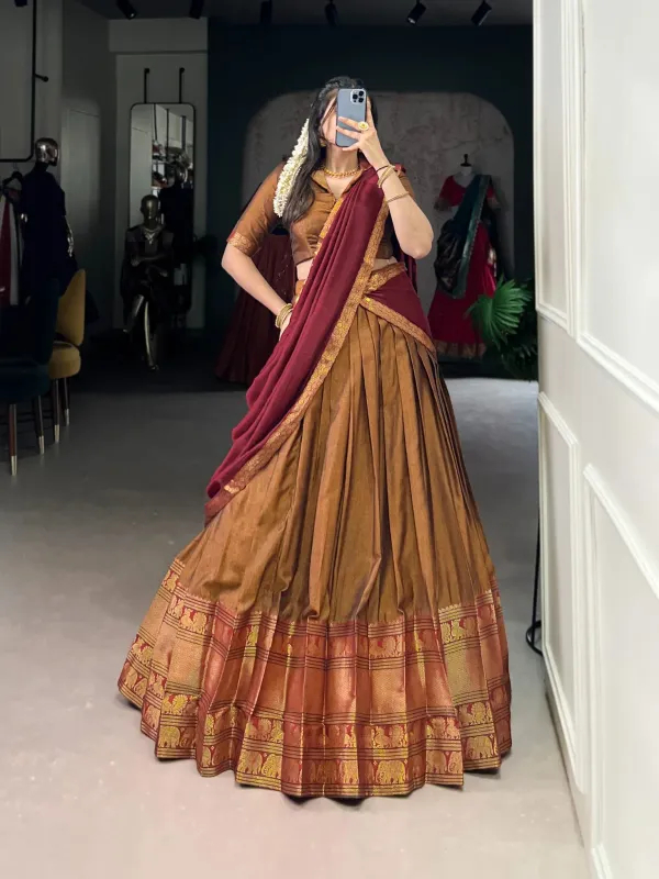 Narayan_Pattu_Lehenga_And_Dupatta_Purple_Teal_Blue_Silk_Blend_Set_With_A_Red_Gold_Zari_Border_Not_An_Off_White_Purple_Checks_Set