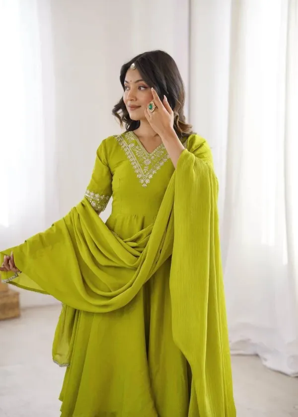 Lime_Green_Olive_Silk_Layered_Anarkali_Kurta_Set_With_Sharara_Dupatta_Embroidery_Neckline_Veronica_Fashion_Hub