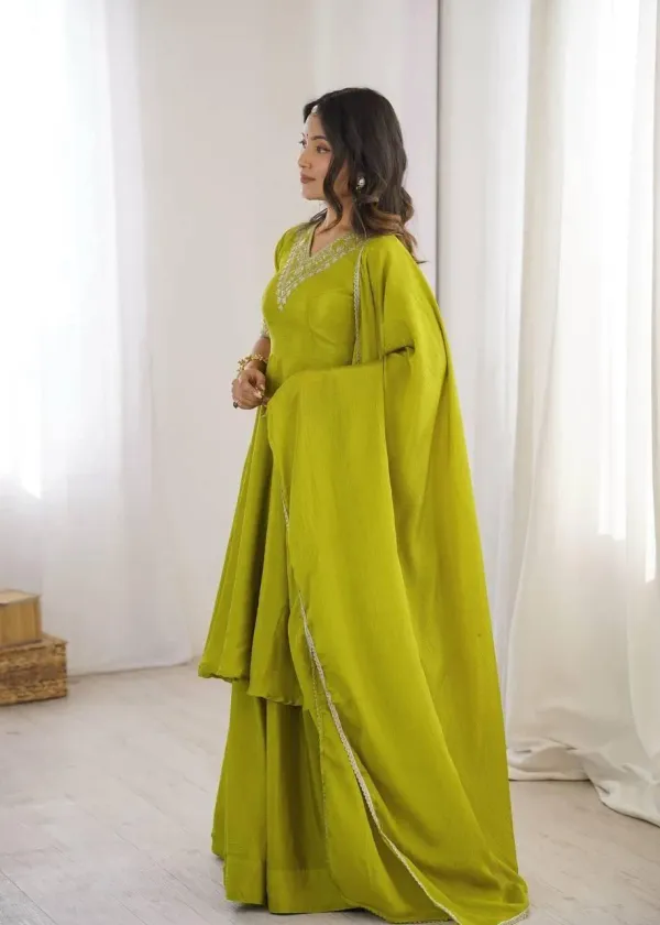 Lime_Green_Olive_Silk_Layered_Anarkali_Kurta_Set_With_Sharara_Dupatta_Embroidery_Neckline_Veronica_Fashion_Hub
