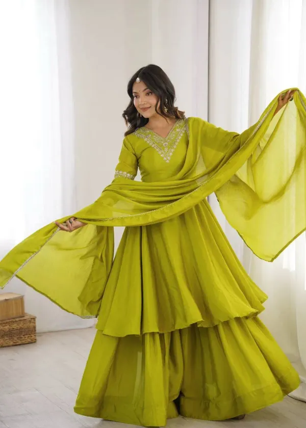 Lime_Green_Olive_Silk_Layered_Anarkali_Kurta_Set_With_Sharara_Dupatta_Embroidery_Neckline_Veronica_Fashion_Hub