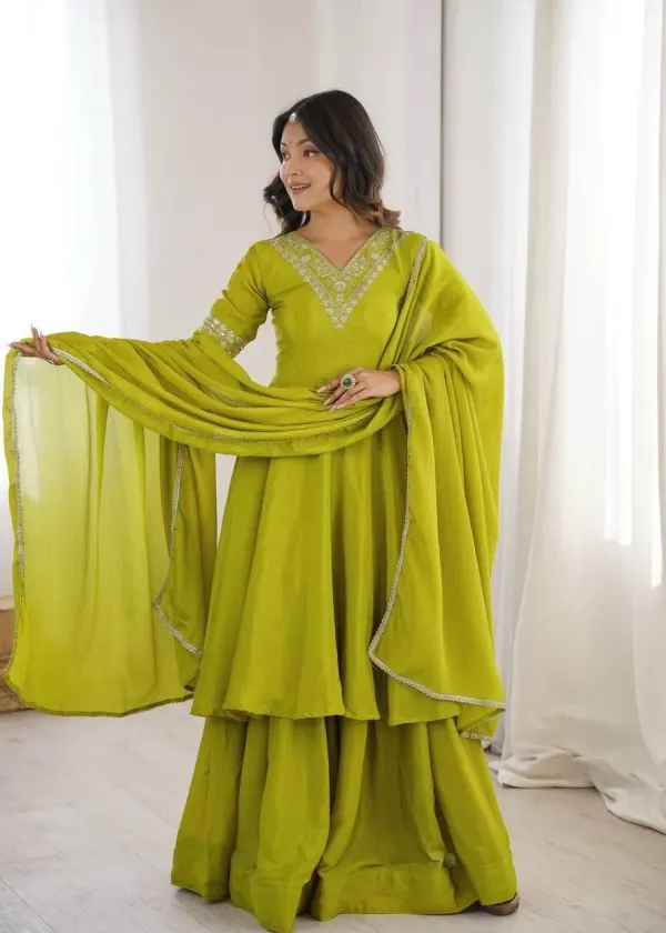 Lime_Green_Olive_Silk_Layered_Anarkali_Kurta_Set_With_Sharara_Dupatta_Embroidery_Neckline_Veronica_Fashion_Hub