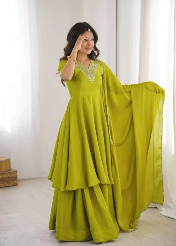 Lime_Green_Olive_Silk_Layered_Anarkali_Kurta_Set_With_Sharara_Dupatta_Embroidery_Neckline_Veronica_Fashion_Hub