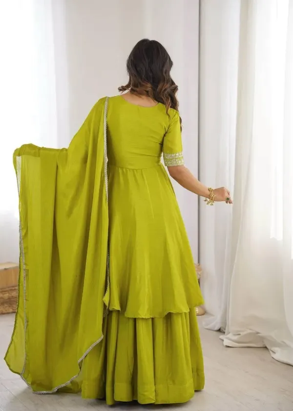 Lime_Green_Olive_Silk_Layered_Anarkali_Kurta_Set_With_Sharara_Dupatta_Embroidery_Neckline_Veronica_Fashion_Hub