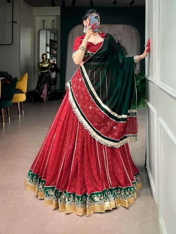 Navratri_Collection_Red_Bottle_Green_Geometric_Print_Lehenga_Set_Not_An_Off_White_Purple_Checks_Set_Celebrate_The_Spirit_Of_Navratri_With_Every_Graceful_Twirl