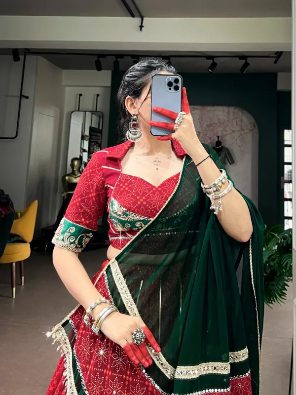 Navratri_Collection_Red_Bottle_Green_Geometric_Print_Lehenga_Set_Not_An_Off_White_Purple_Checks_Set_Celebrate_The_Spirit_Of_Navratri_With_Every_Graceful_Twirl