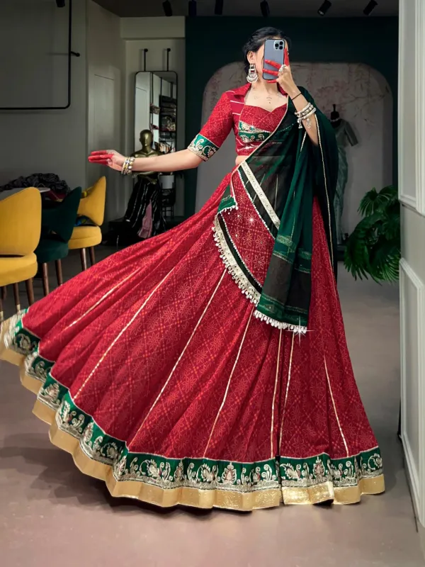Navratri_Collection_Red_Bottle_Green_Geometric_Print_Lehenga_Set_Not_An_Off_White_Purple_Checks_Set_Celebrate_The_Spirit_Of_Navratri_With_Every_Graceful_Twirl