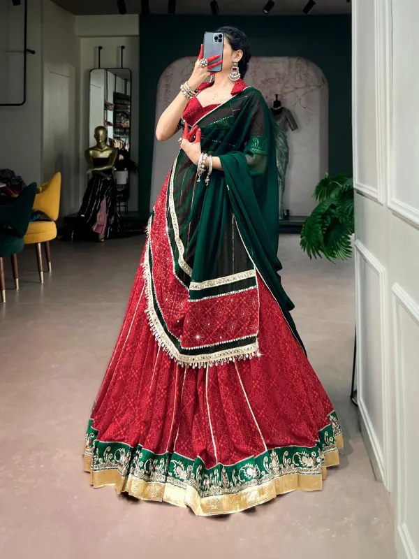 Navratri_Collection_Red_Bottle_Green_Geometric_Print_Lehenga_Set_Not_An_Off_White_Purple_Checks_Set_Celebrate_The_Spirit_Of_Navratri_With_Every_Graceful_Twirl