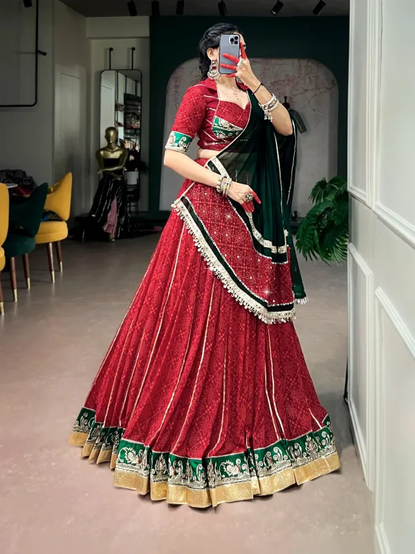 Navratri_Collection_Red_Bottle_Green_Geometric_Print_Lehenga_Set_Not_An_Off_White_Purple_Checks_Set_Celebrate_The_Spirit_Of_Navratri_With_Every_Graceful_Twirl