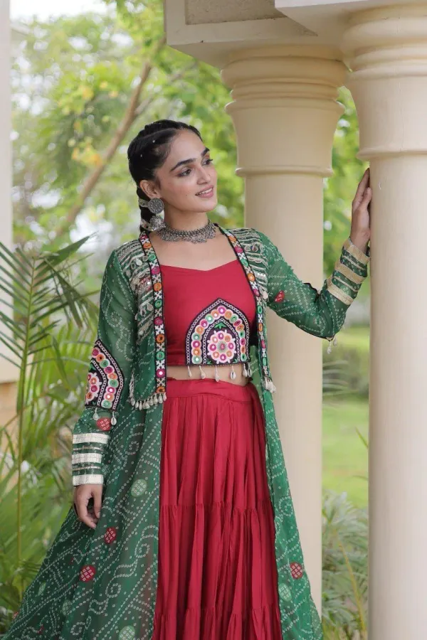 Navratri_Collections_Maroon_Flared_Tiered_Lehenga_Choli_Set_With_Green_Bandhani_Print_Shrug_Embroidered_Top_Veronica_Fashion_Hub