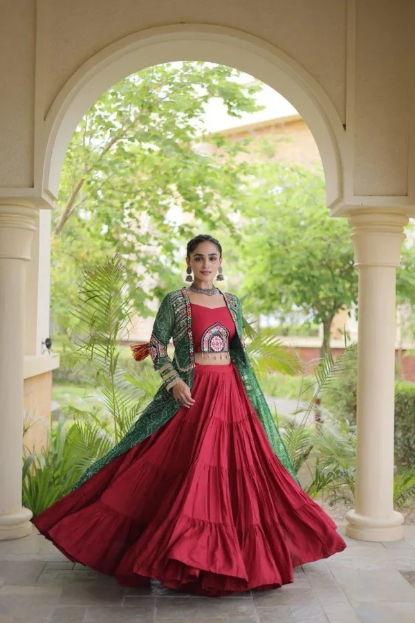 Navratri_Collections_Maroon_Flared_Tiered_Lehenga_Choli_Set_With_Green_Bandhani_Print_Shrug_Embroidered_Top_Veronica_Fashion_Hub