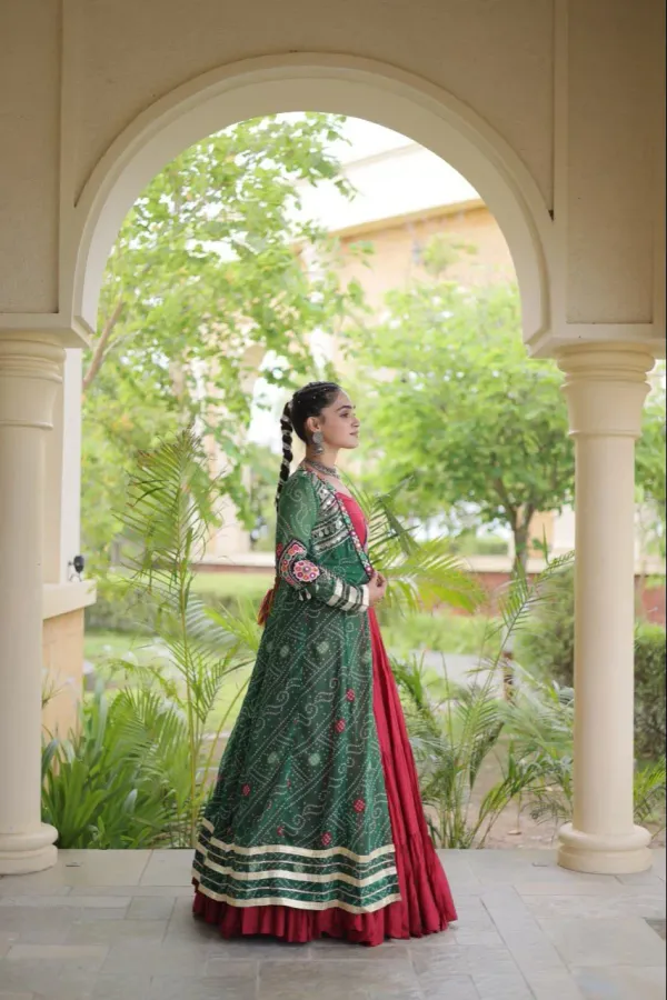 Navratri_Collections_Maroon_Flared_Tiered_Lehenga_Choli_Set_With_Green_Bandhani_Print_Shrug_Embroidered_Top_Veronica_Fashion_Hub