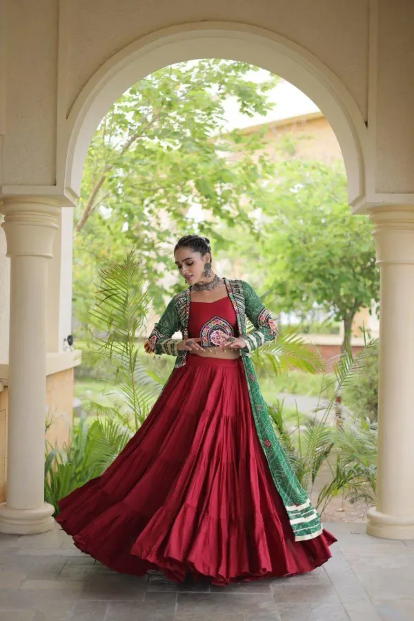 Navratri_Collections_Maroon_Flared_Tiered_Lehenga_Choli_Set_With_Green_Bandhani_Print_Shrug_Embroidered_Top_Veronica_Fashion_Hub