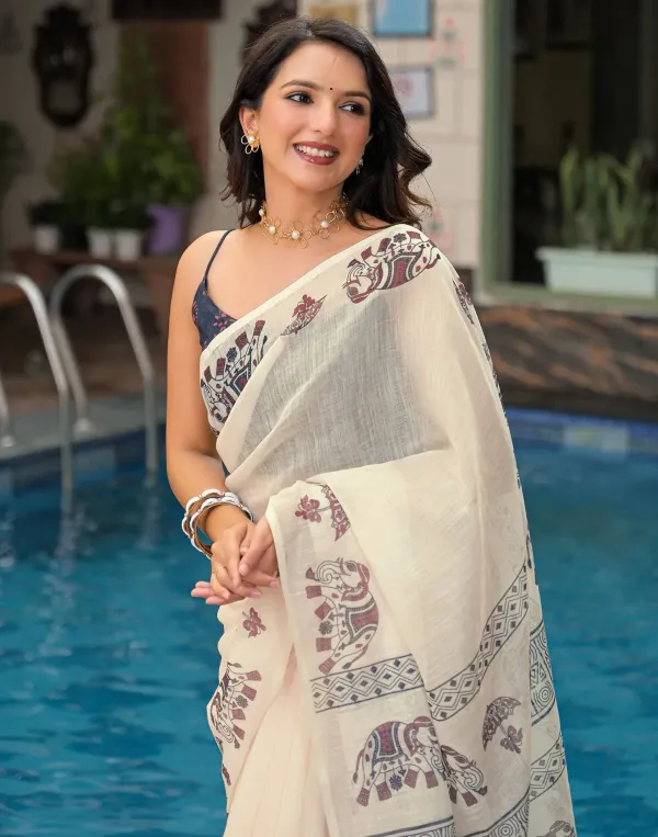 Off_White_Linen_Cotton_Elephant_Motif_Block_Printed_Saree_With_Sleeveless_Printed_Blouse_Veronica_Fashion_Hub