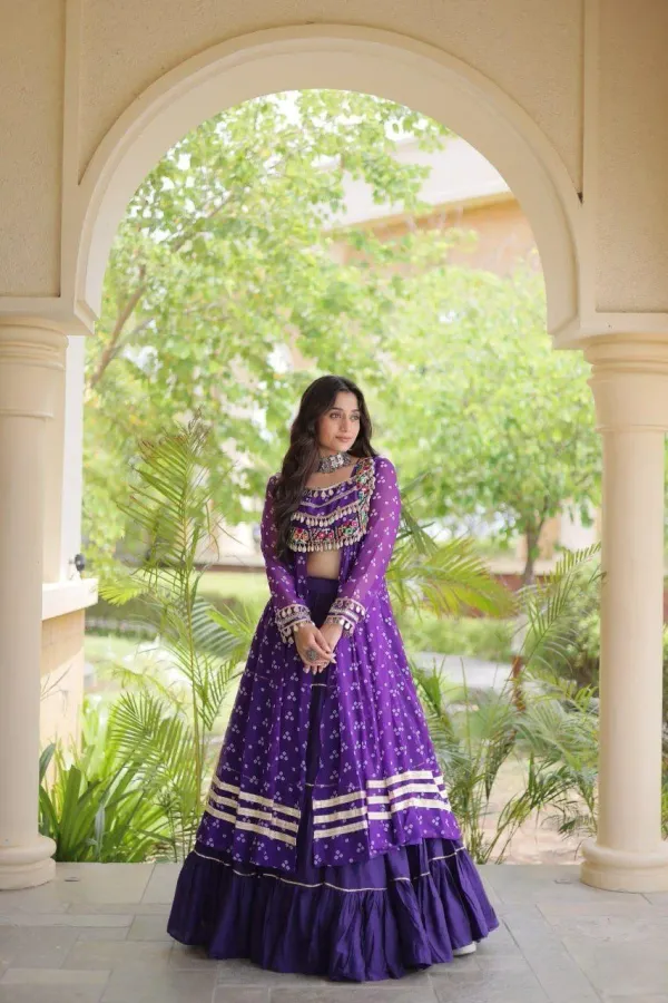 Purple_Bandhani_Print_Lehenga_With_Kutchi_Patche_Work_Embellished_Lahenga_Kurti