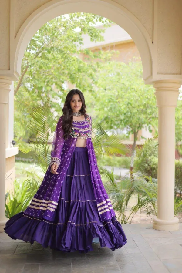 Purple_Bandhani_Print_Lehenga_With_Kutchi_Patche_Work_Embellished_Lahenga_Kurti
