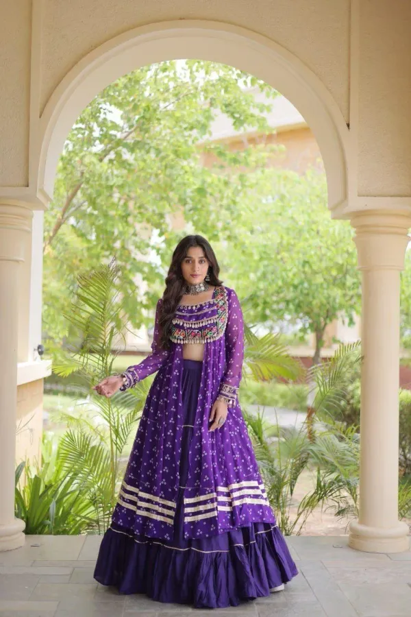 Purple_Bandhani_Print_Lehenga_With_Kutchi_Patche_Work_Embellished_Lahenga_Kurti