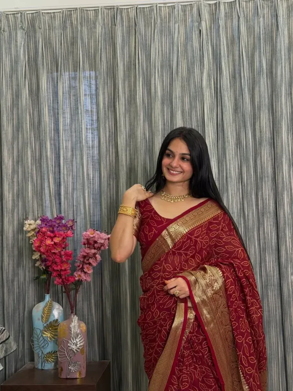 Maroon_Bandhani_Printed_Pure_Cotten_Soft_Silk_Saree_With_Rich_Gold_Zari_Weaved_Brocade_Border_Blouse_Piece_Veronica_Fashion_Hub