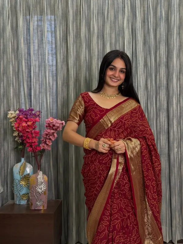 Maroon_Bandhani_Printed_Pure_Cotten_Soft_Silk_Saree_With_Rich_Gold_Zari_Weaved_Brocade_Border_Blouse_Piece_Veronica_Fashion_Hub