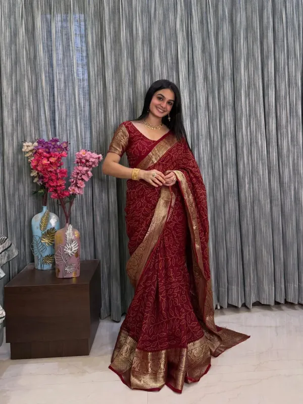 Maroon_Bandhani_Printed_Pure_Cotten_Soft_Silk_Saree_With_Rich_Gold_Zari_Weaved_Brocade_Border_Blouse_Piece_Veronica_Fashion_Hub