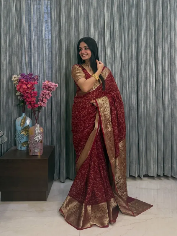 Maroon_Bandhani_Printed_Pure_Cotten_Soft_Silk_Saree_With_Rich_Gold_Zari_Weaved_Brocade_Border_Blouse_Piece_Veronica_Fashion_Hub
