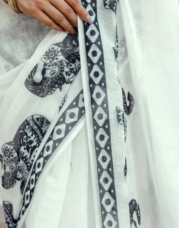 Off_White_Linen_Elephant_Printed_Saree