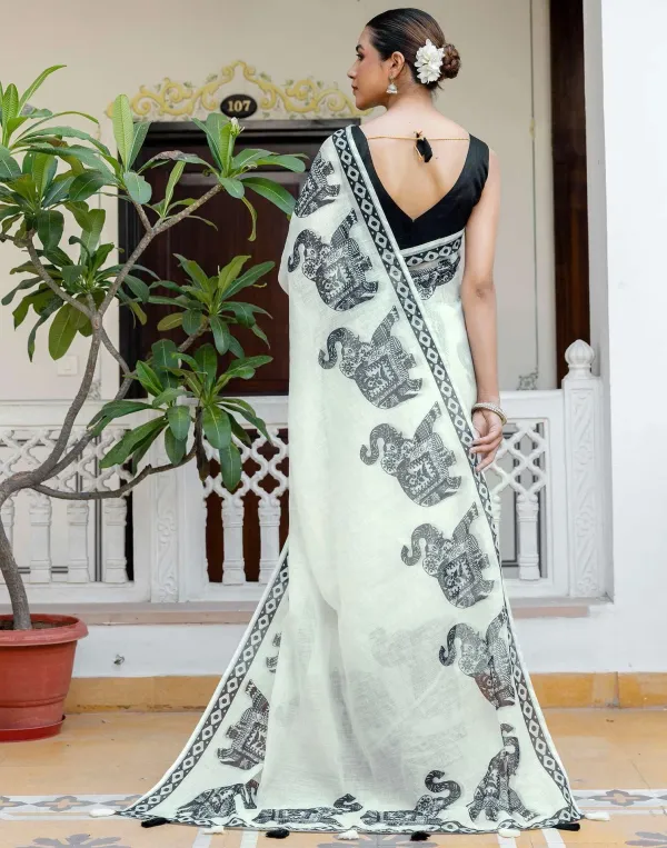 Off_White_Linen_Elephant_Printed_Saree