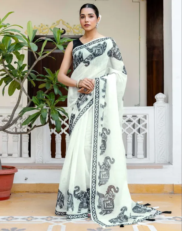 Off_White_Linen_Elephant_Printed_Saree