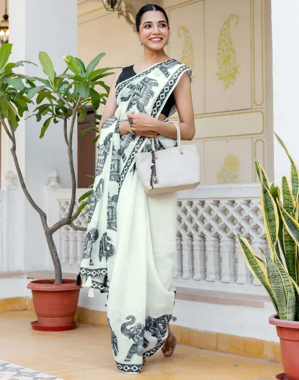 Off_White_Linen_Elephant_Printed_Saree
