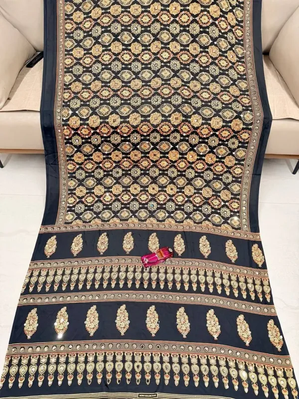 Black_Cotton_Ajrakh_Print_Mirror_Work_Saree_For_Women