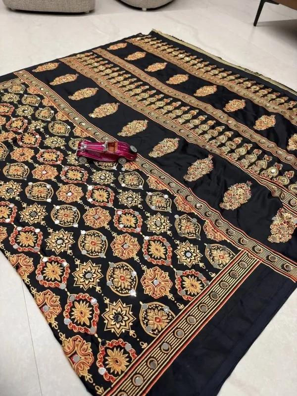 Black_Cotton_Ajrakh_Print_Mirror_Work_Saree_For_Women