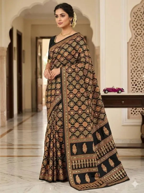 Black_Cotton_Ajrakh_Print_Mirror_Work_Saree_For_Women