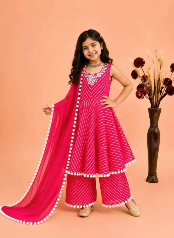 Girls_Rani_Pink_Leheriya_Print_Cotton_Anarkali_Kurta_Palazzo_Dupatta_Set_With_Mirror_Work_Neckline_Veronica_Fashion_Hub