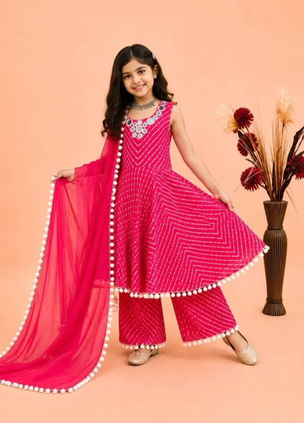 Girls_Rani_Pink_Leheriya_Print_Cotton_Anarkali_Kurta_Palazzo_Dupatta_Set_With_Mirror_Work_Neckline_Veronica_Fashion_Hub