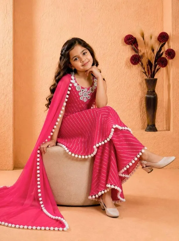 Girls_Rani_Pink_Leheriya_Print_Cotton_Anarkali_Kurta_Palazzo_Dupatta_Set_With_Mirror_Work_Neckline_Veronica_Fashion_Hub