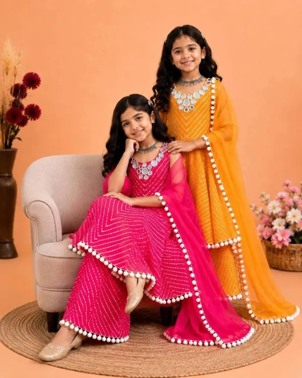 Girls_Rani_Pink_Leheriya_Print_Cotton_Anarkali_Kurta_Palazzo_Dupatta_Set_With_Mirror_Work_Neckline_Veronica_Fashion_Hub