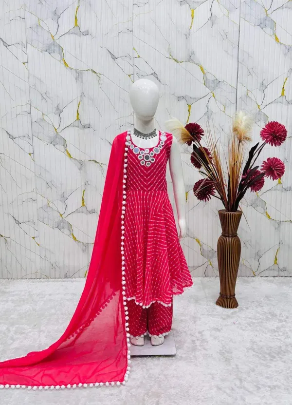 Girls_Rani_Pink_Leheriya_Print_Cotton_Anarkali_Kurta_Palazzo_Dupatta_Set_With_Mirror_Work_Neckline_Veronica_Fashion_Hub