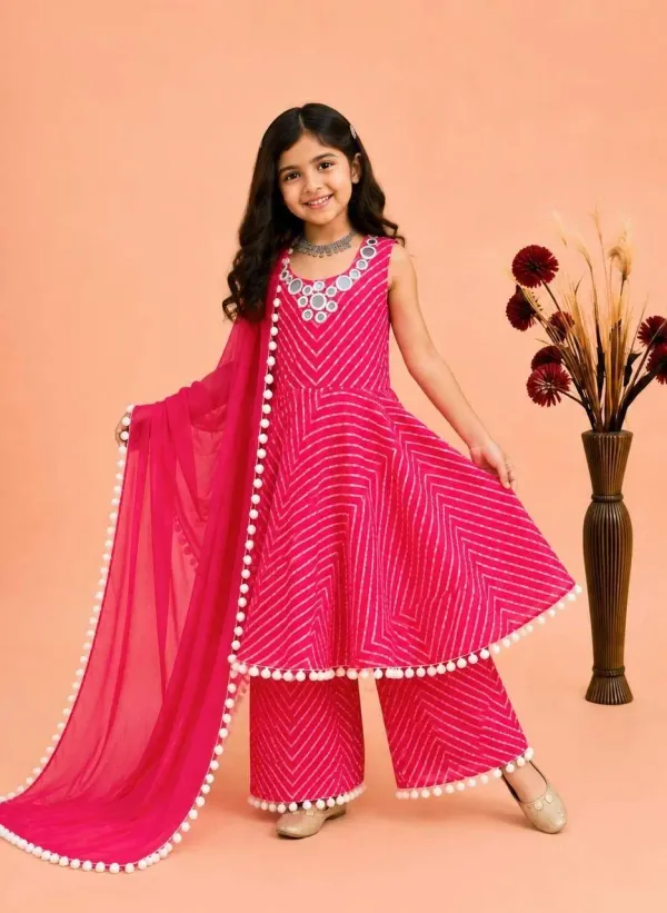 Girls_Rani_Pink_Leheriya_Print_Cotton_Anarkali_Kurta_Palazzo_Dupatta_Set_With_Mirror_Work_Neckline_Veronica_Fashion_Hub