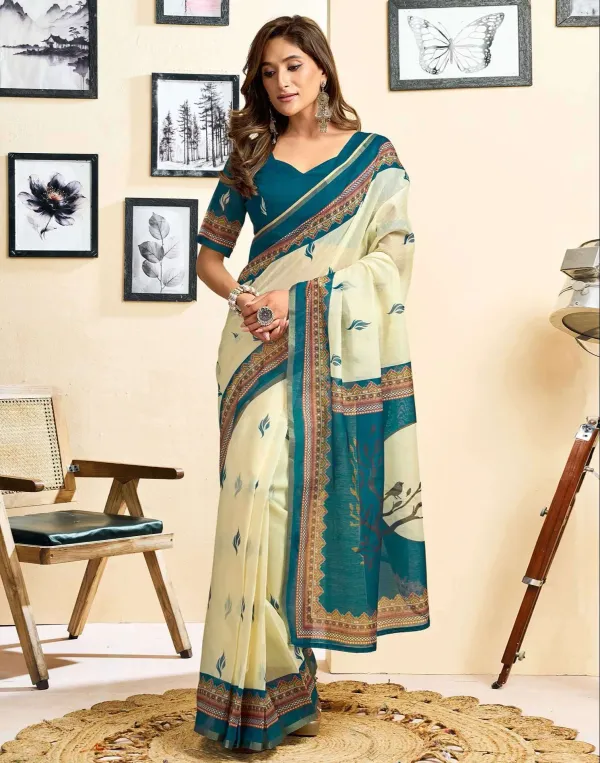 Birds_Wear_Cream_Linen_Printed_Saree