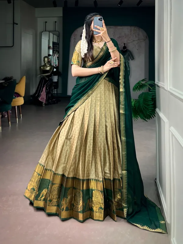 Green_Pure_Poly_Cotton_Elegant_Zari_Weaving_Work_South_Indian_Lehenga_Choli_Olive_Green