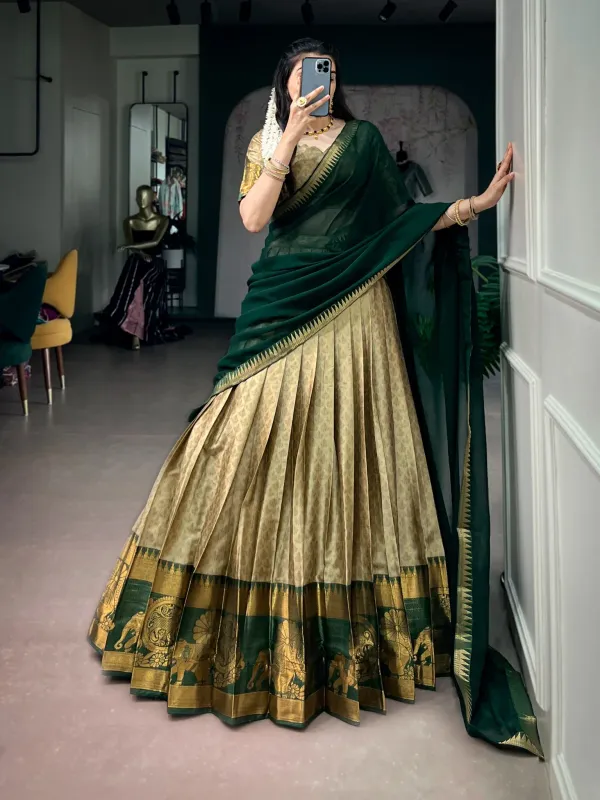 Green_Pure_Poly_Cotton_Elegant_Zari_Weaving_Work_South_Indian_Lehenga_Choli_Olive_Green