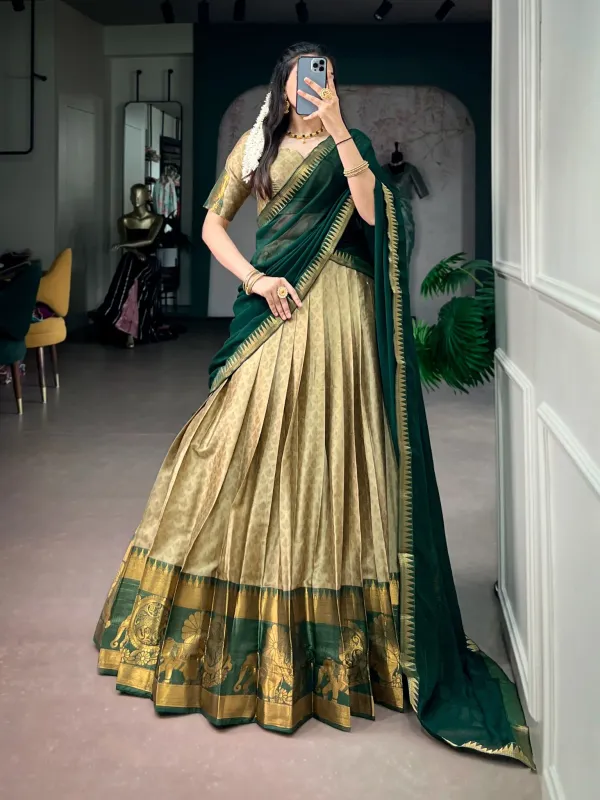 Green_Pure_Poly_Cotton_Elegant_Zari_Weaving_Work_South_Indian_Lehenga_Choli_Olive_Green