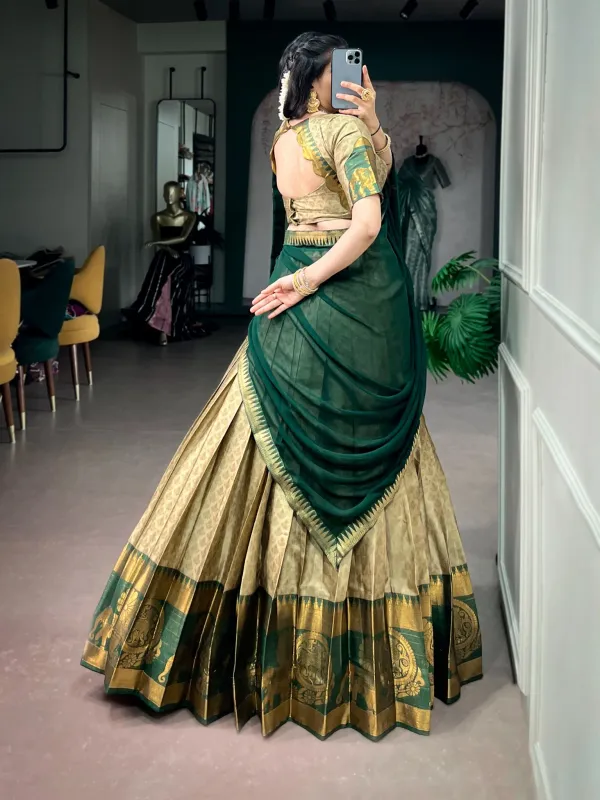 Green_Pure_Poly_Cotton_Elegant_Zari_Weaving_Work_South_Indian_Lehenga_Choli_Olive_Green