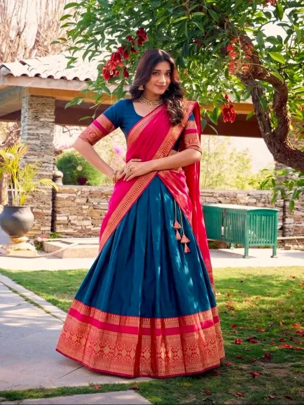 Narayan_Pattu_Lehenga_Is_A_Traditional_South_Indian_Ensemble_Crafted_From_Premium_Silk_Pattu_And_Distinguished_By_Intricate_Royal_Zari_Weaving