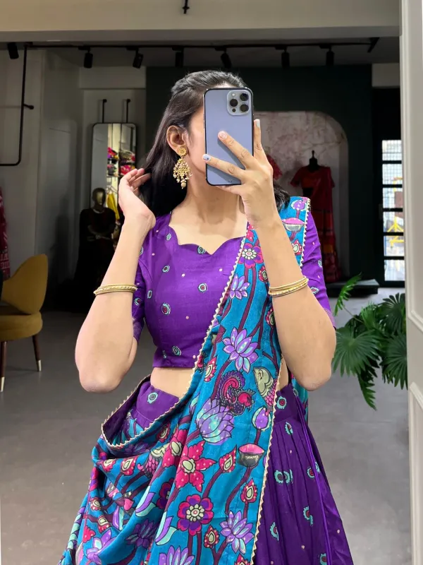 Infuse_Your_Wardrobe_With_Southern_Grace_Tussar_Silk_Kalamkari_Print_Lehenga_Choli_Featuring_A_Sophisticated_Foil_Work_Border